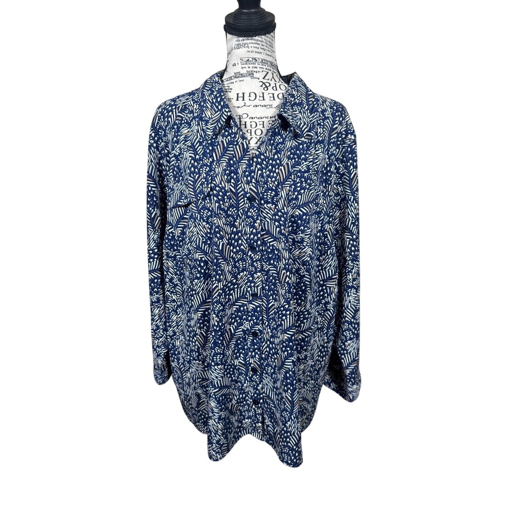 Catherines Navy and White Leaf-Print Button Down Shirt